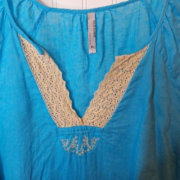 Old‎ Navy Womens Size XL Linen Blend Tunic Top Blue Embroidered Crochet Pullover - Picture 5 of 9